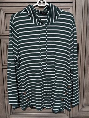 Striped Hooded Pullover in Dark Green and White